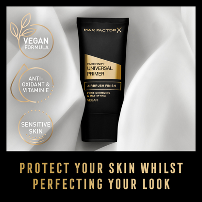 Max Factor Face Finity Universal Primer in a sleek tube, designed to create a smooth base for makeup application.