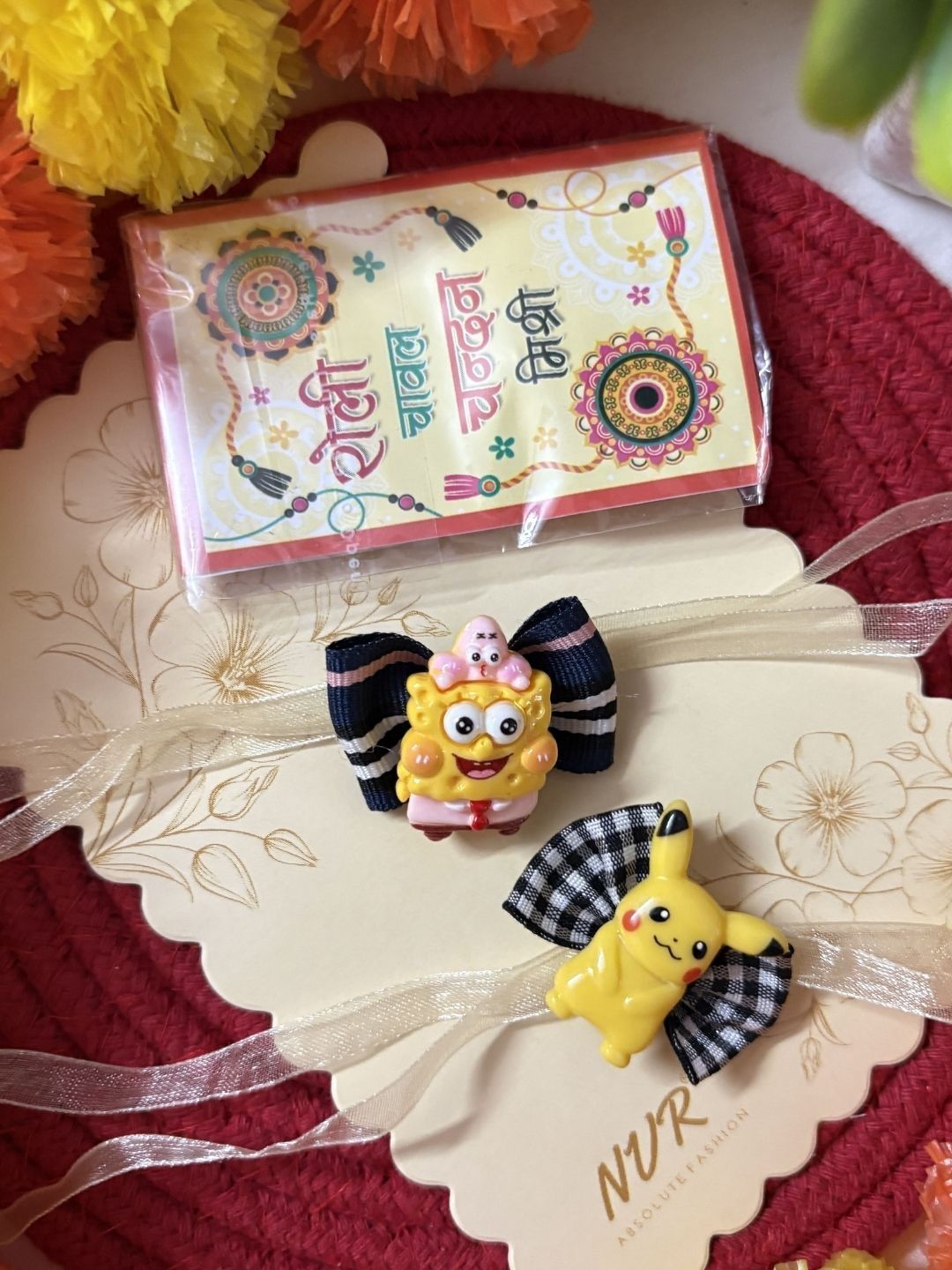 Anouk Set Of 2 Pikachu Design Kids Rakhi With Roli Chawal Chandan Mishri