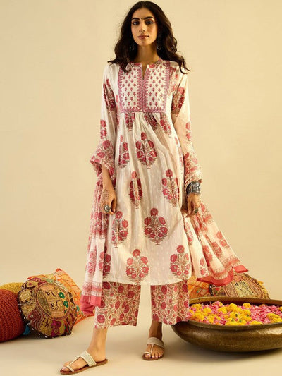 Women's Ethnic Motifs Embroidered Anarkali Pure Cotton Kurta with Palazzos & With Dupatta