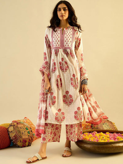 Indyancart IE Ethnic Motifs Embroidered Anarkali Pure Cotton Kurta with Palazzos & With Dupatta
