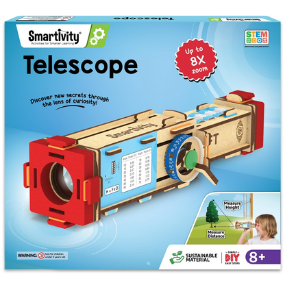 Smartivity telescope toy for kids measuring height and distance, designed for ages 8 to 14, with colorful plastic parts and adjustable components.