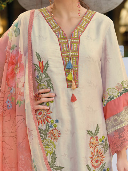 Indyancart IE Women's Floral Embroidered Mirror Work Kurta with Trousers & Dupatta