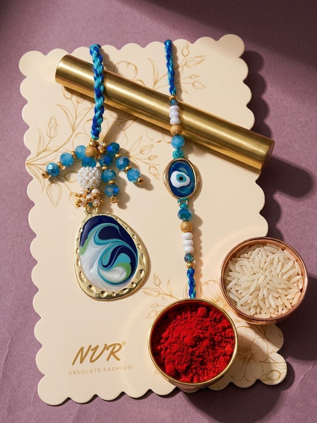 Anouk Set Of 2 Blue Evil Eye Traditional Gold Toned Bhaiya Bhabhi Rakhi With Roli Chawal
