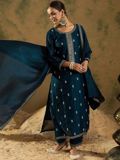 Dhiyona IE Ethnic Embroidered Thread Work Round Neck Silk Blend Kurta with Trouser & Dupatta