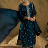 Indyancart IE Ethnic Embroidered Thread Work Round Neck Silk Blend Kurta with Trouser & Dupatta