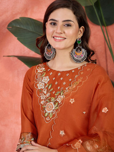 Indyancart SN Women's Ethnic Motifs Embroidered Zari Straight Kurta With Trousers & Dupatta