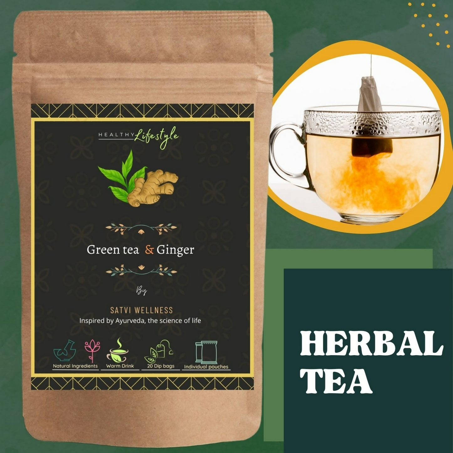 Satvi Wellness Green Tea With Ginger Tea Bags | Herbal Tea