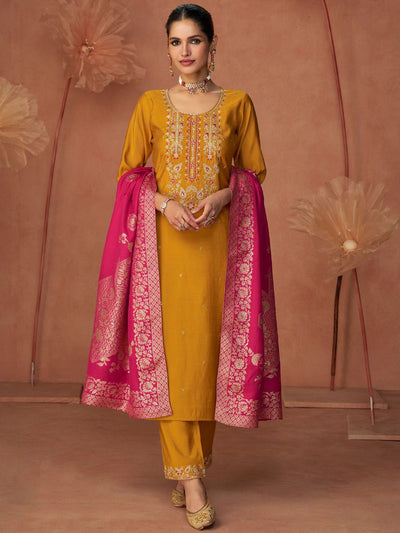 Indyancart VA Women'sFloral Embroidered Zari Work Round Neck Straight Kurta With Trousers & Dupatta