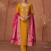 Dhiyona VA Women'sFloral Embroidered Zari Work Round Neck Straight Kurta With Trousers & Dupatta