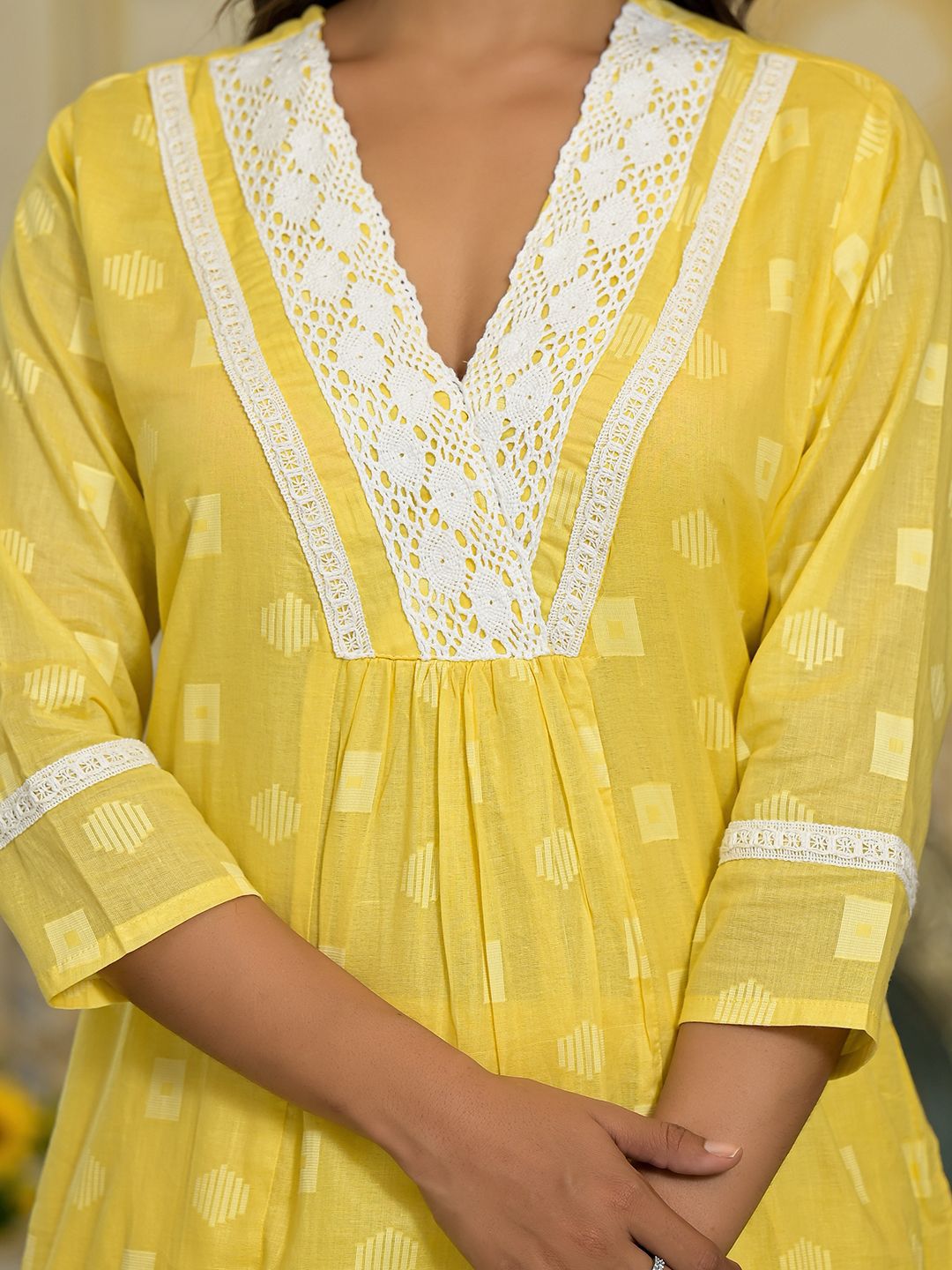 Indyancart VA Women's V Neck Gathered Flared Cotton Kurta with Trouser & Embroidered Dupatta
