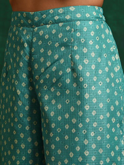 Indyancart SN Women's Green Bandhani Printed Flared Sleeves Straight Kurta With Palazzo & Dupatta