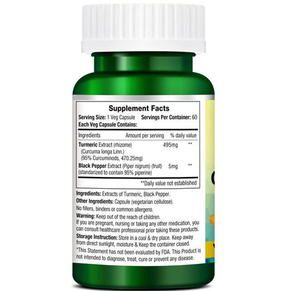 Morpheme Remedies Turmeric Curcumin 95% Veg capsules in a clear bottle with a label showing turmeric root illustration.