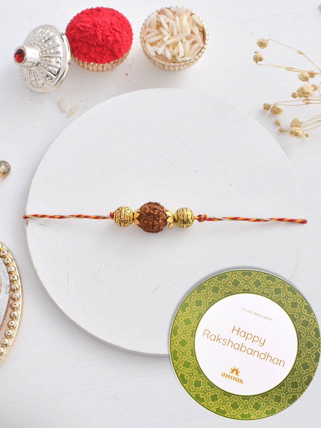 Anouk Rudraksh Beaded Braided Thread Rakhi With Roli Chawal & Greetings Card