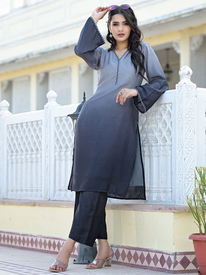 Indyancart VA Women's Ombre Regular V neck Silk Blend Kurta with Trousers