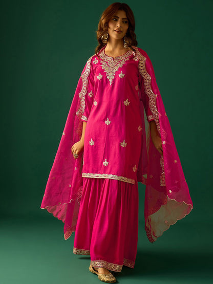Indyancart VA Women Ethnic Motifs Embroidered Kurta with Sharara & Dupatta