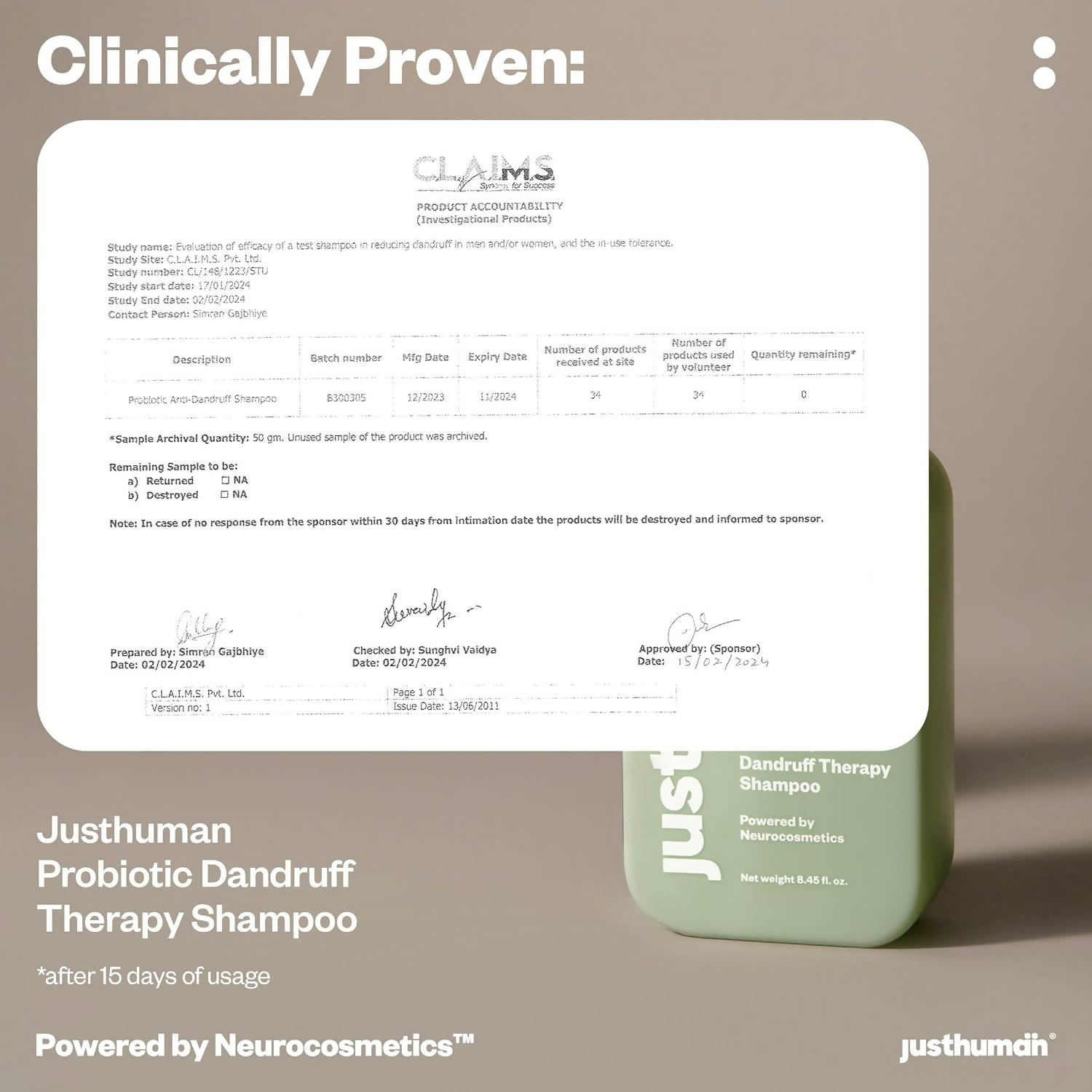 JustHuman Probiotic Anti Dandruff Shampoo bottle with label, showcasing the shampoo's packaging and branding.