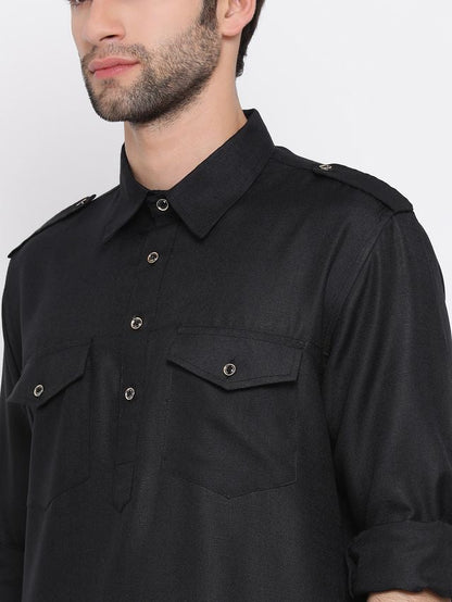 Men's Black Cotton Blend Pathani Pathani Kurta Set