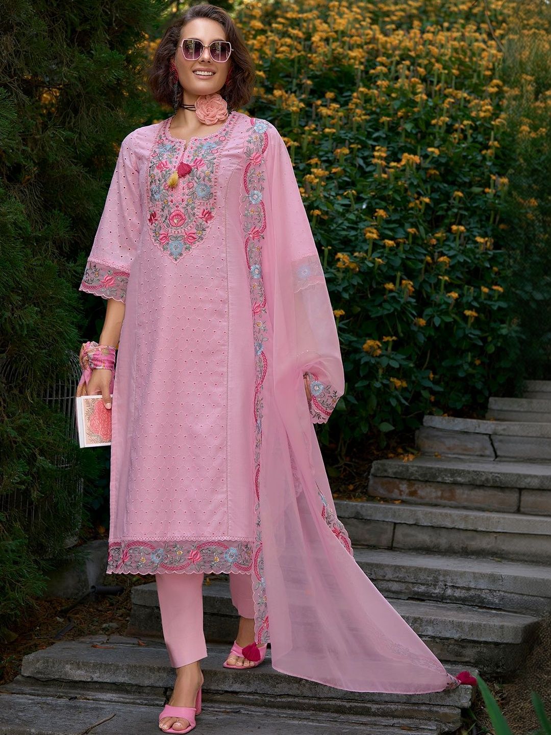 Women Floral Embroidered Regular Thread Work Pure Cotton Kurta with Trousers & With Dupatta