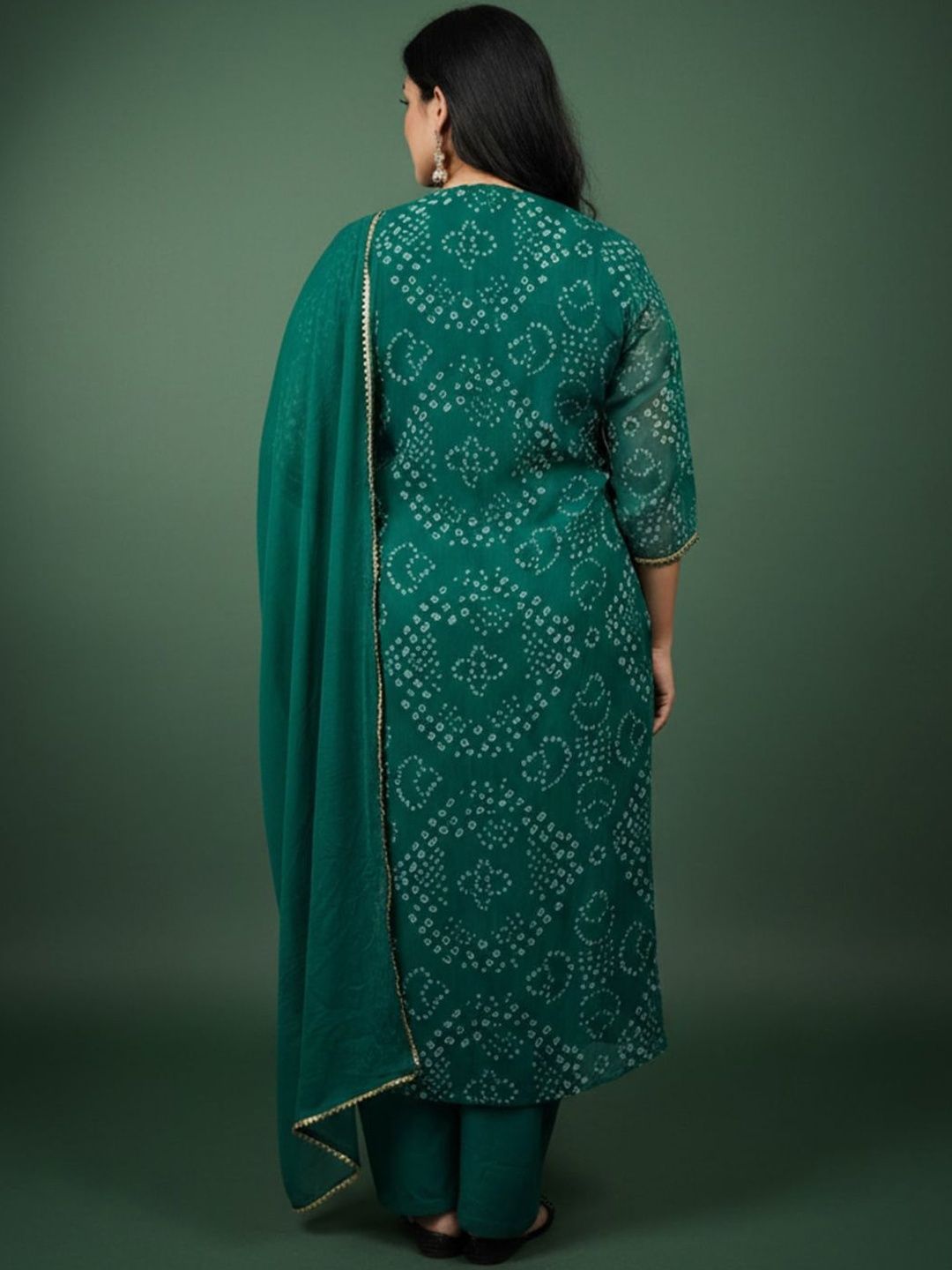 Indyancart Women's Bandhani Printed Regular Gotta Patti Kurta with Trousers & With Dupatta