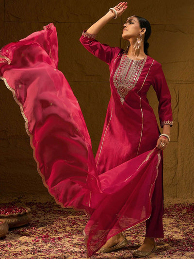 Indyancart IE Ethnic Motifs Yoke Design Thread Work Liva Straight Kurta With Trousers & Dupatta