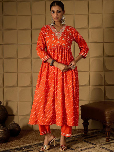 Indyancart IE Bandhani Embroidered Empire Sequined A-Line Pure Cotton Kurta With Trousers