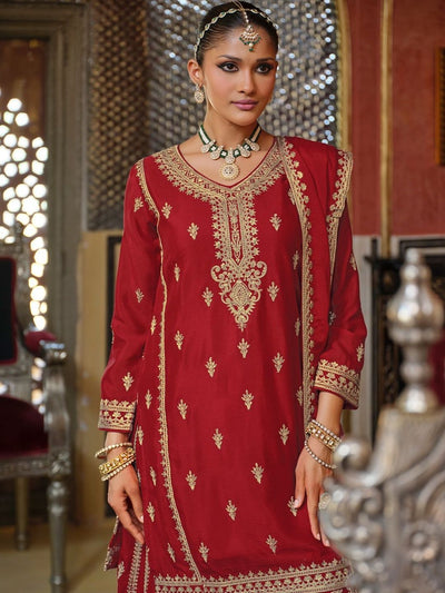 Indyancart IE Women Ethnic Motifs Embroidered Kurta with Sharara & Dupatta