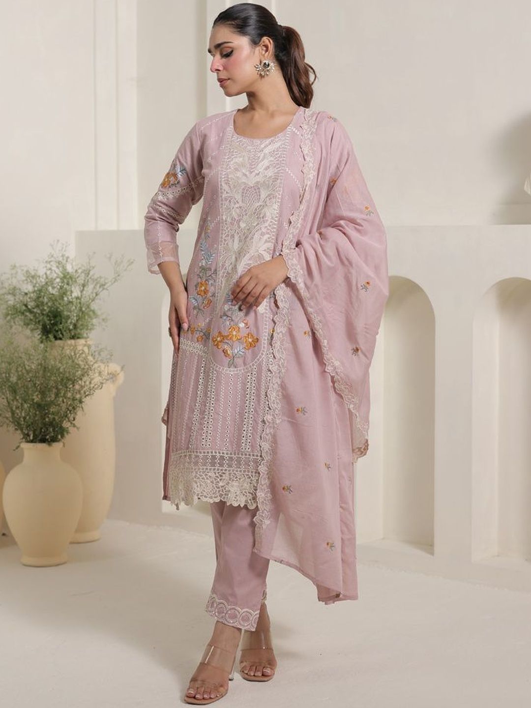 Women Ethnic Motifs Embroidered Regular Thread Work Pure Cotton Kurta with Trousers & With Dupatta