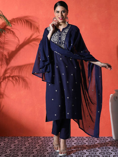 Indyancart SN Women's Floral Embroidered Mandarin Collar A-Line Kurta With Trousers & Dupatta