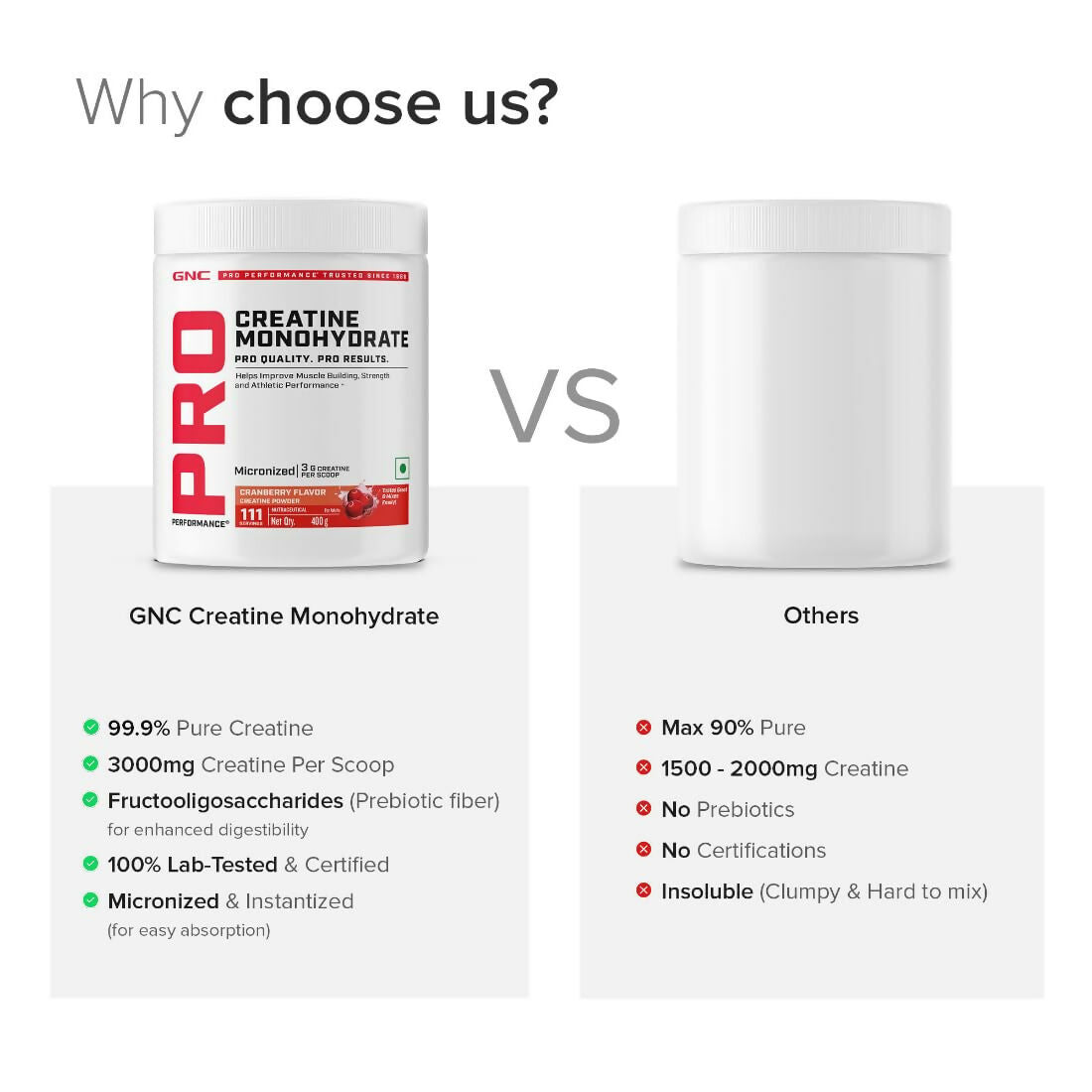 GNC Pro Performance Creatine Monohydrate Cranberry Ayurvedic protein powder container with label and scoop inside.