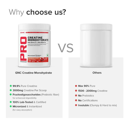 GNC Pro Performance Creatine Monohydrate Cranberry Ayurvedic protein powder container with label and scoop inside.