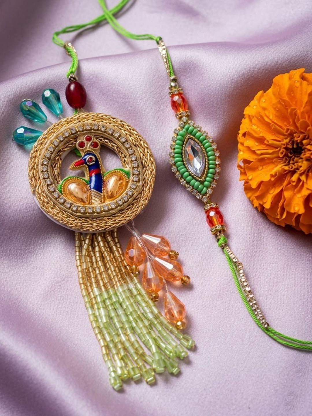 Anouk Set Of 2 Artificial Stones Designer Bhaiya Bhabhi Rakhi With Roli Chawal Chandan