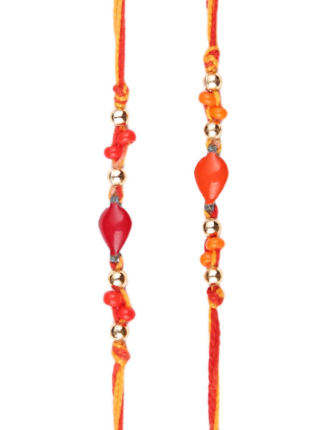 Anouk Orange Set Of 2 Beaded Thread Rakhis With Roli Chawal & Greeting Card