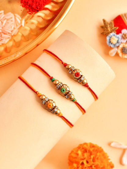 Anouk Set Of 3 Gold-Toned Beaded Rakhi With Roli Rice & Greeting Card