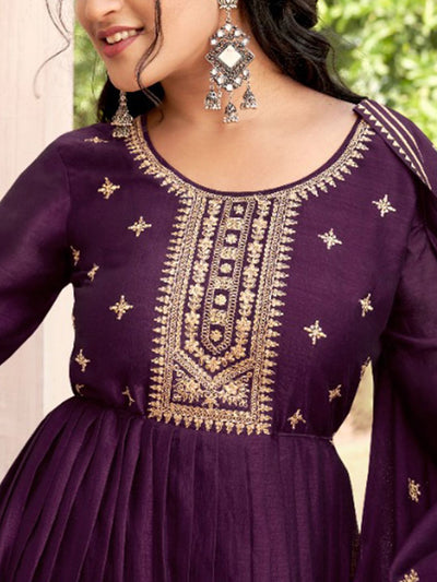 Indyancart SN Women's Embroidered Round Neck Anarkali Kurta With Trouser & Dupatta