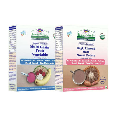 TummyFriendly Foods Organic Multi-Grain, and Sprouted Ragi, Oats, Red Lentil, Banana Porridge Mixes Combo