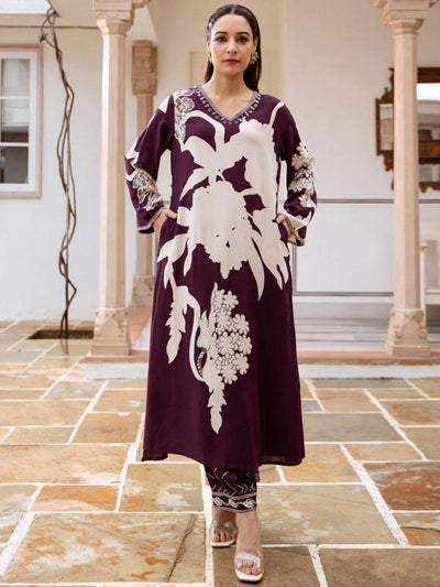 Indyancart IE Floral Printed Sequinned A-Line Kurta With Salwar