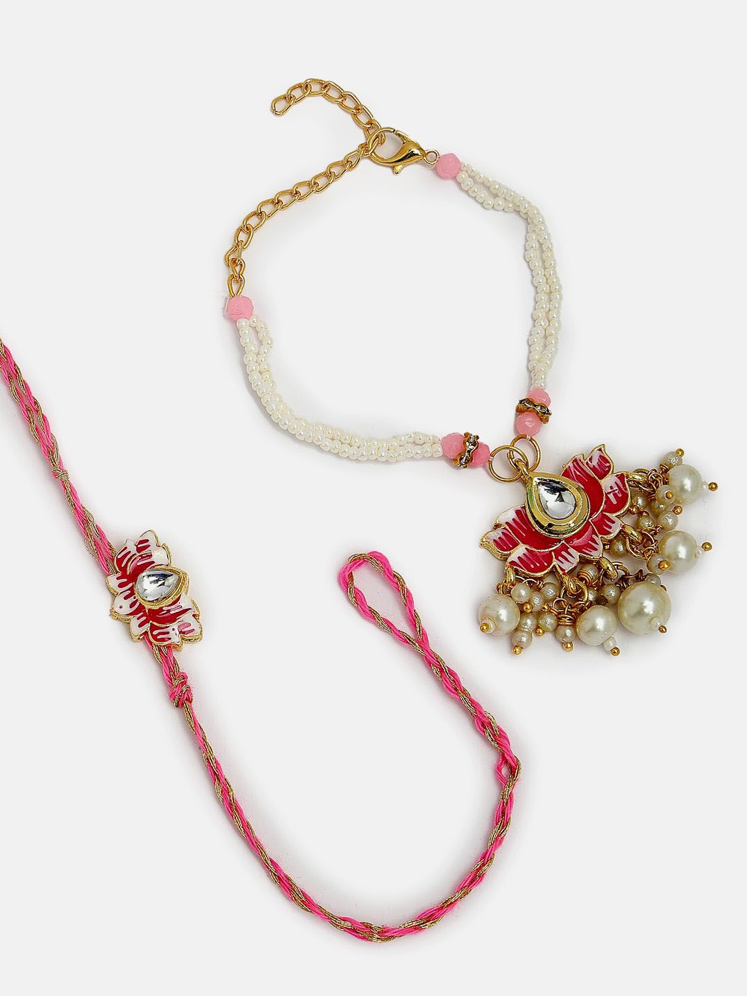Anouk Unisex Set Of 2 Pink Lotus Shape Kundan-Studded & Beaded Wraparound Rakhi Set