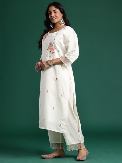 Indyancart Women's Floral Embroidered Mirror Work Kurta with Palazzos & Dupatta