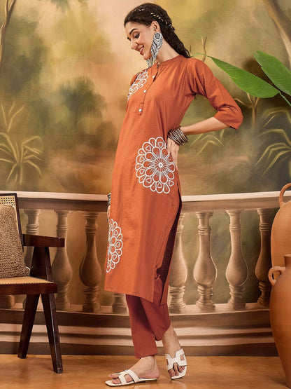 Indyancart SN Women's Floral Embroidered Cotton Kurta with Trousers