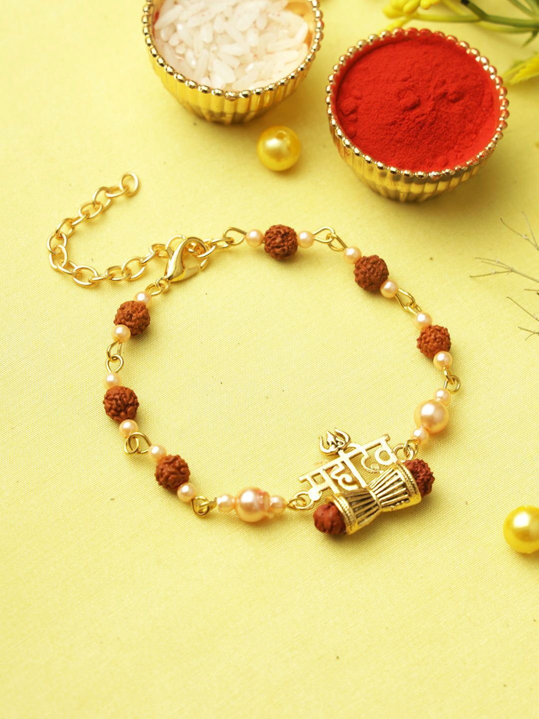 Anouk Brown Rudraksh & Pearl Beaded Bracelet Rakhi With Roli Chawal With Greeting Card