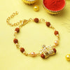 Dhiyona Brown Rudraksh & Pearl Beaded Bracelet Rakhi With Roli Chawal With Greeting Card