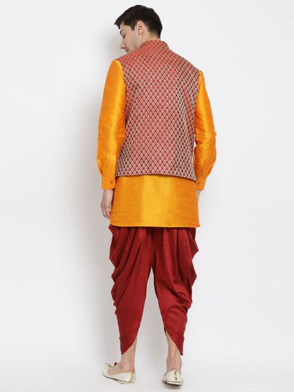 Men's Orange Silk Blend Straight Jacket  Kurta and Dhoti Set
