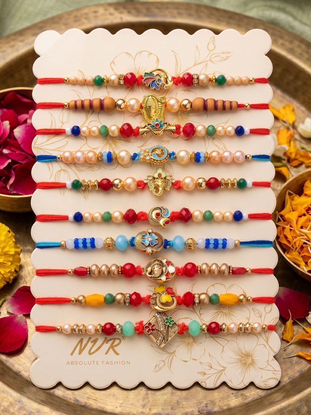 Anouk Set Of 10 Artificial Stones & Beads Thread Rakhi With Roli Chawal Chandan Mishri