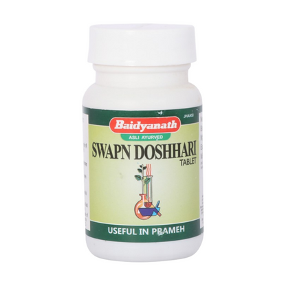 Baidyanath Jhansi Swapn Doshhari Ayurvedic Tablets in a blister pack, showcasing traditional herbal supplement packaging
