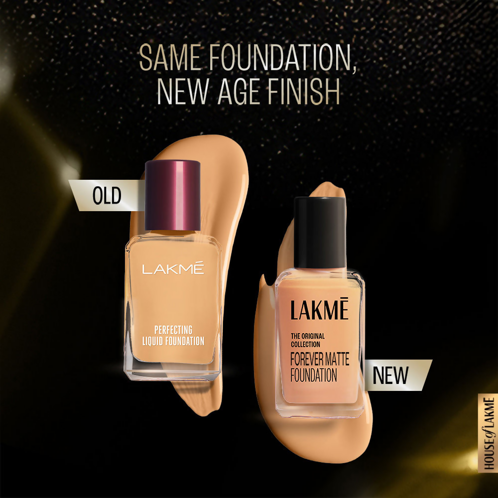 Lakme Forever Matte Foundation for superior coverage, featuring a resist marble finish, shown in a sleek foundation bottle.