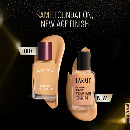 Lakme Forever Matte Foundation for superior coverage, featuring a resist marble finish, shown in a sleek foundation bottle.