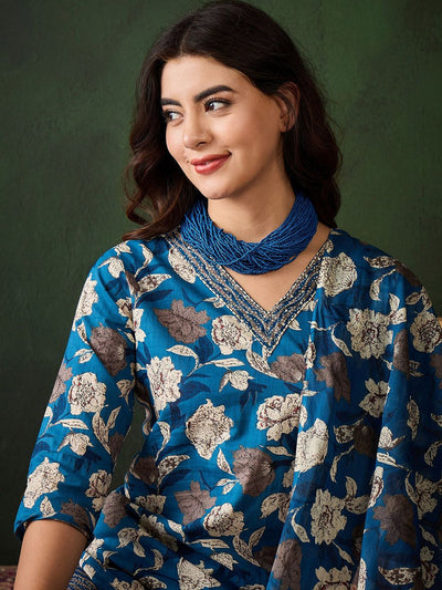 Indyancart SN Women's Floral Printed Sequinned V-Neck Pure Cotton Straight Kurta & Trouser With Dupatta
