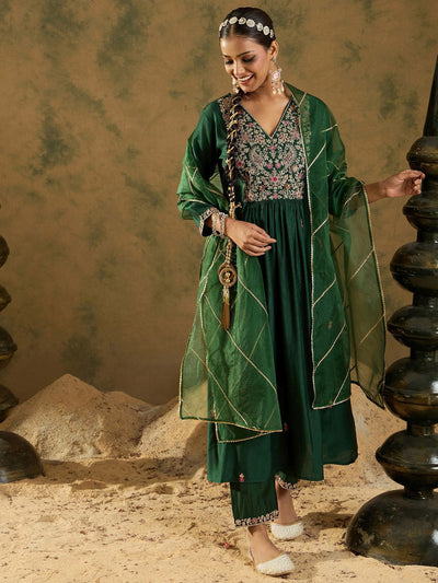Indyancart IE Embroidered Zari Work Regular Sleeves A-line Shape V-Neck Liva Kurta Set