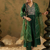 Dhiyona IE Embroidered Zari Work Regular Sleeves A-line Shape V-Neck Liva Kurta Set
