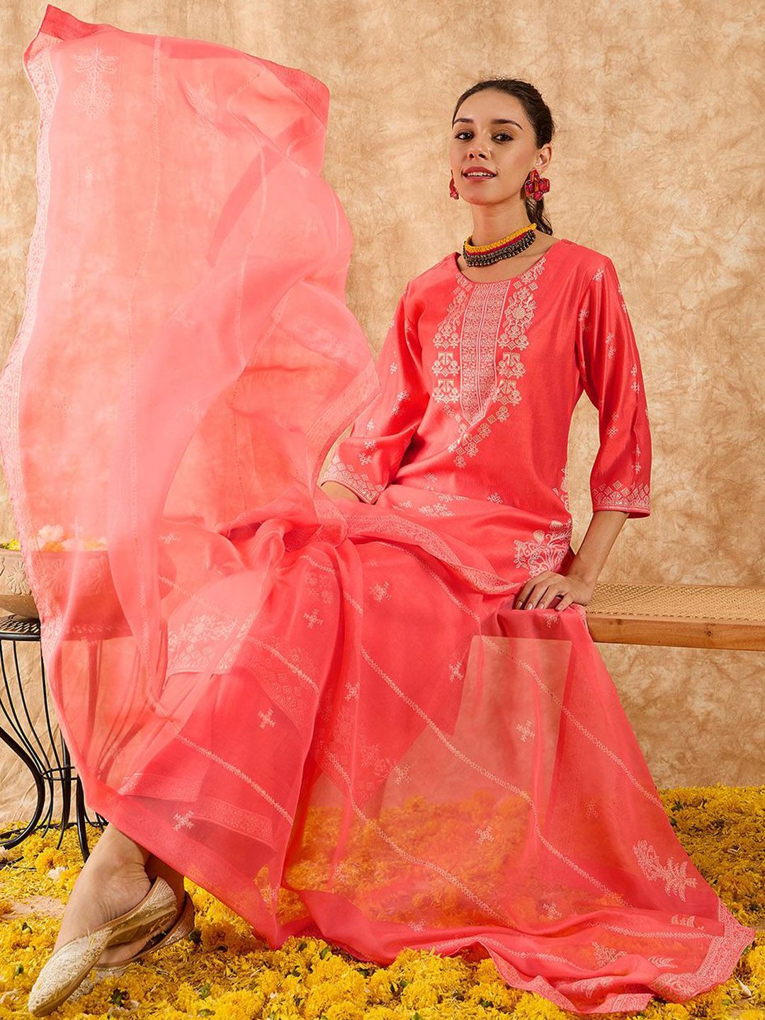 Ethnic Motifs Printed Straight Liva Kurta with Palazzos & Dupatta